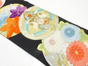 アンティーク　向かい鶴に菊・楓模様織り出し袋帯（材料）